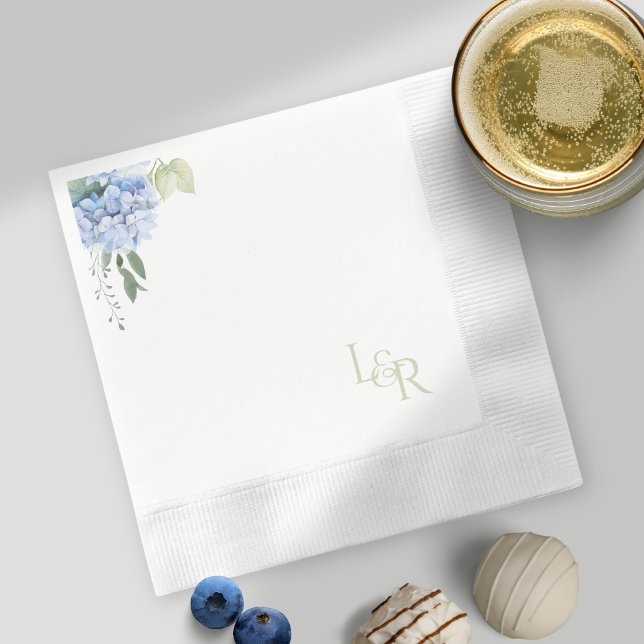 White | Watercolor Sage & Blue Hydrangea Wedding  Napkins (Creator Uploaded)