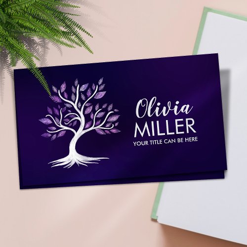 White Watercolor tree _ Violet Leaves Business Card