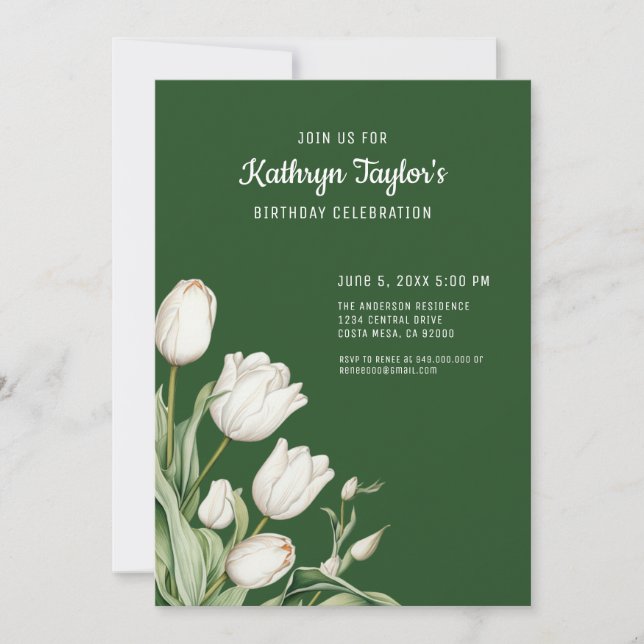 White Watercolor Tulips Birthday Party Invitation (Front)
