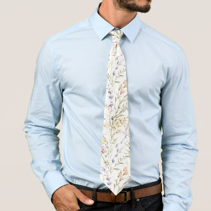 White Watercolor Wildflower Neck Tie