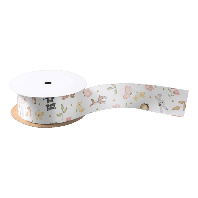 White Watercolor Woodland Animals Satin Ribbon (Spool)
