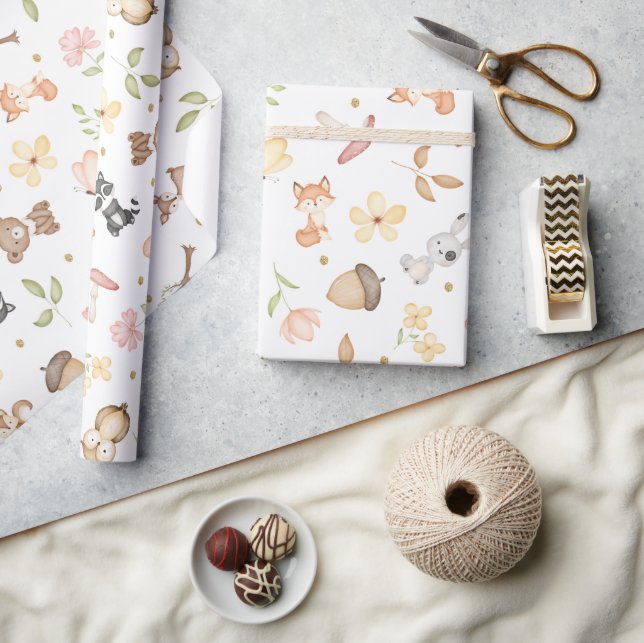White Watercolor Woodland Animals  Wrapping Paper (Crafts)