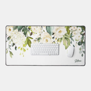 White Watercolour Hydrangea and Roses Personalized Desk Mat