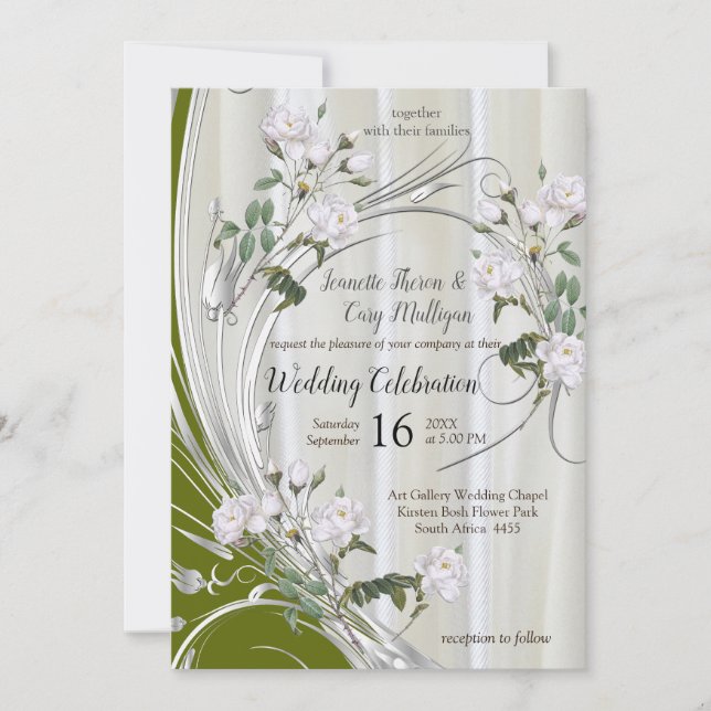 White Watercolour Roses painted on Champagne Silk Invitation (Front)