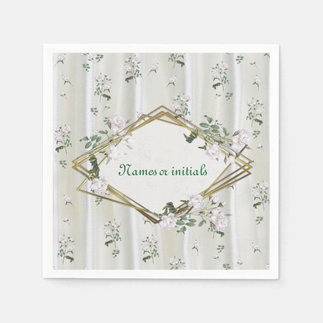 White Watercolour Roses painted on Champagne  Silk Napkins (Front)
