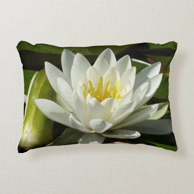 White Waterlily and Bud Floral Accent Pillow (Front)