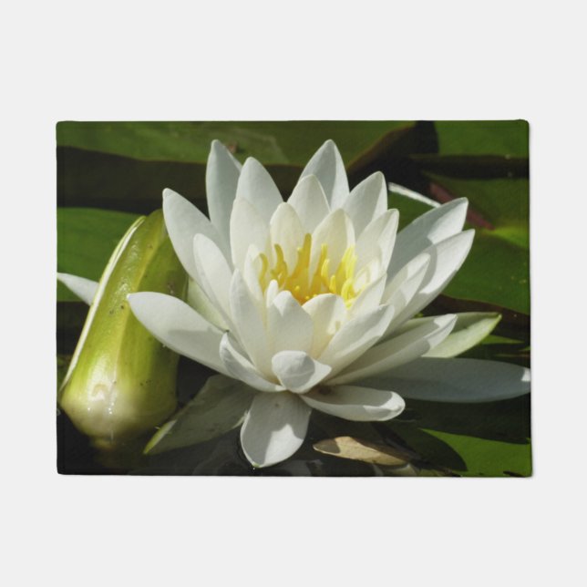 White Waterlily and Bud Floral Doormat (Front)
