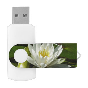 White Waterlily and Bud Floral Flash Drive