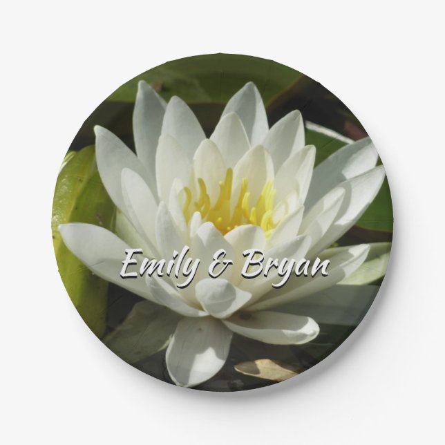 White Waterlily and Bud Floral Paper Plates (Front)