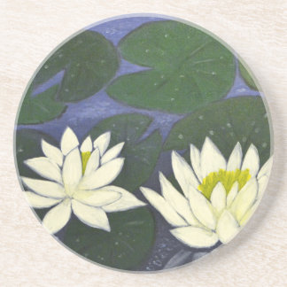 White Waterlily Flowers, Acrylic painting Sandstone Coaster