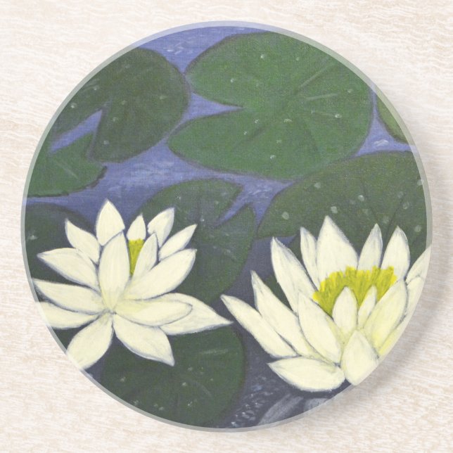 White Waterlily Flowers, Acrylic painting Sandstone Coaster (Front)