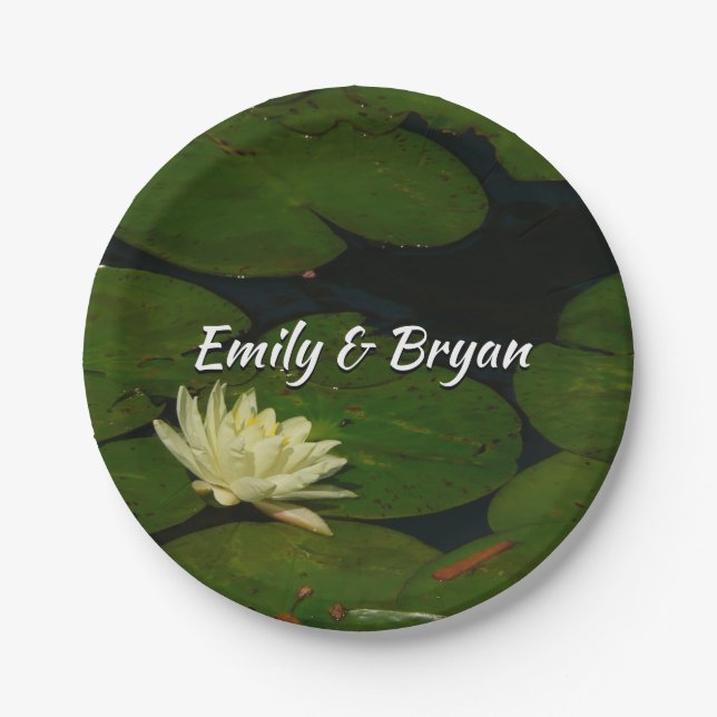 White Waterlily I Peaceful Floral Photography Paper Plates (Front)