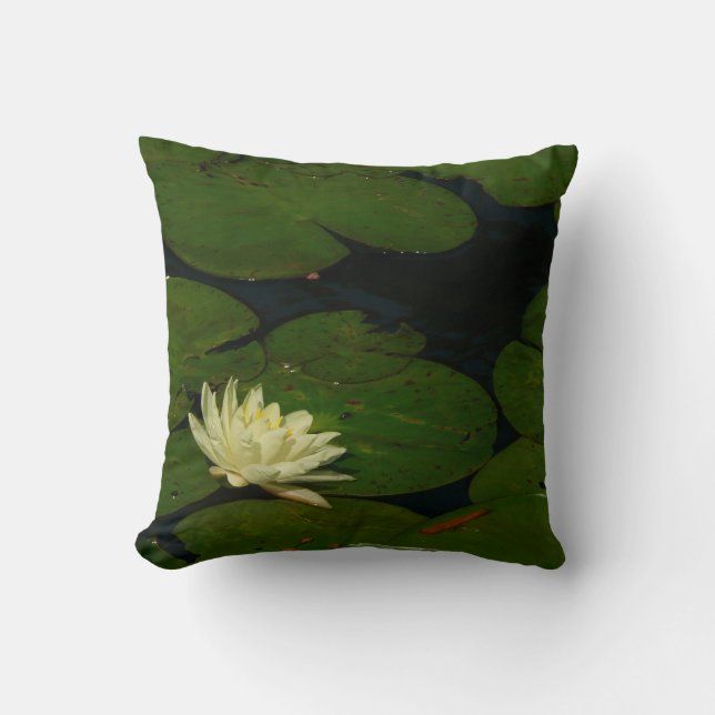 White Waterlily I Peaceful Floral Photography Throw Pillow (Front)