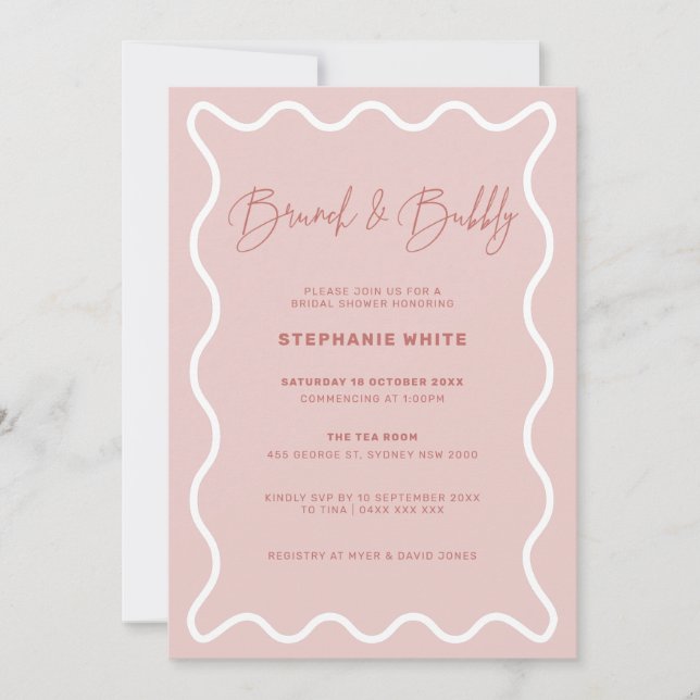 White Wavy Border Brunch and Bubbly Invitation (Front)