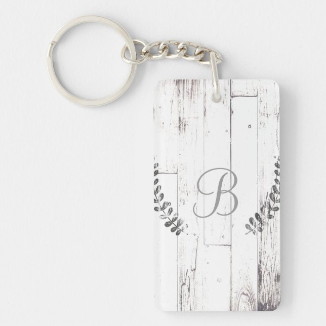 White Weathered Wood Rustic Farmhouse Botanical Keychain (Front)