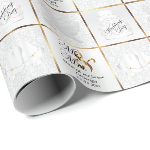 White Wedding Day Doves Bells and Cake Wrapping Paper