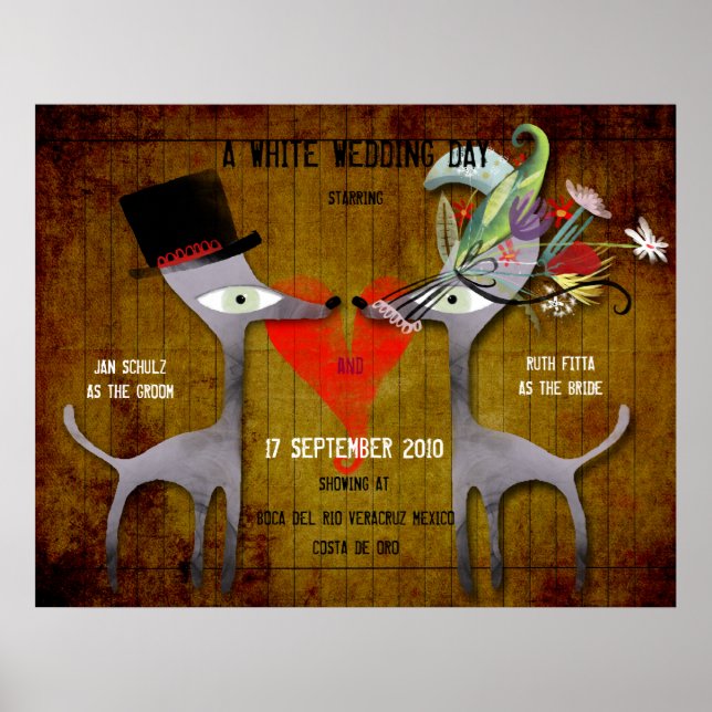 White wedding day invitation groom bride vintage poster (Front)