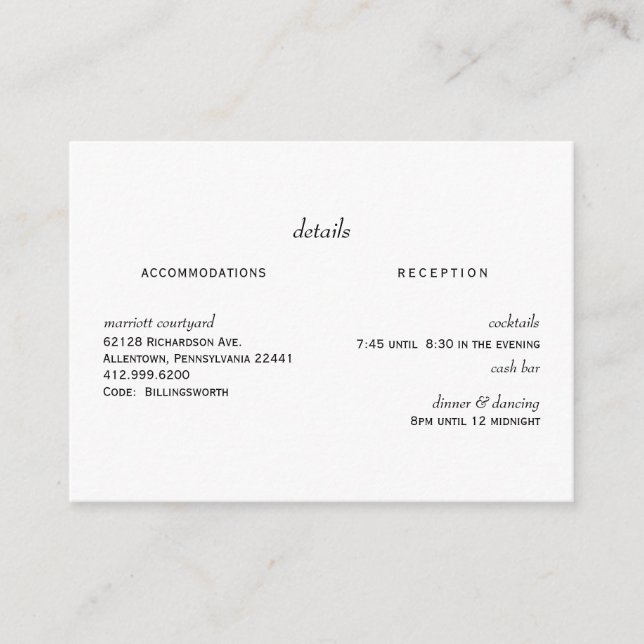 White Wedding Details Cash Bar  Enclosure Card (Front)