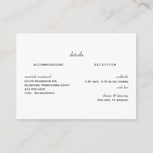 White Wedding Details Cash Bar  Enclosure Card