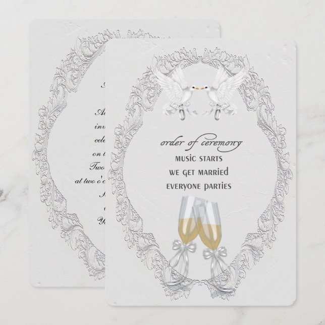 White Wedding Doves and Champagne Toast Invitation (Front/Back)
