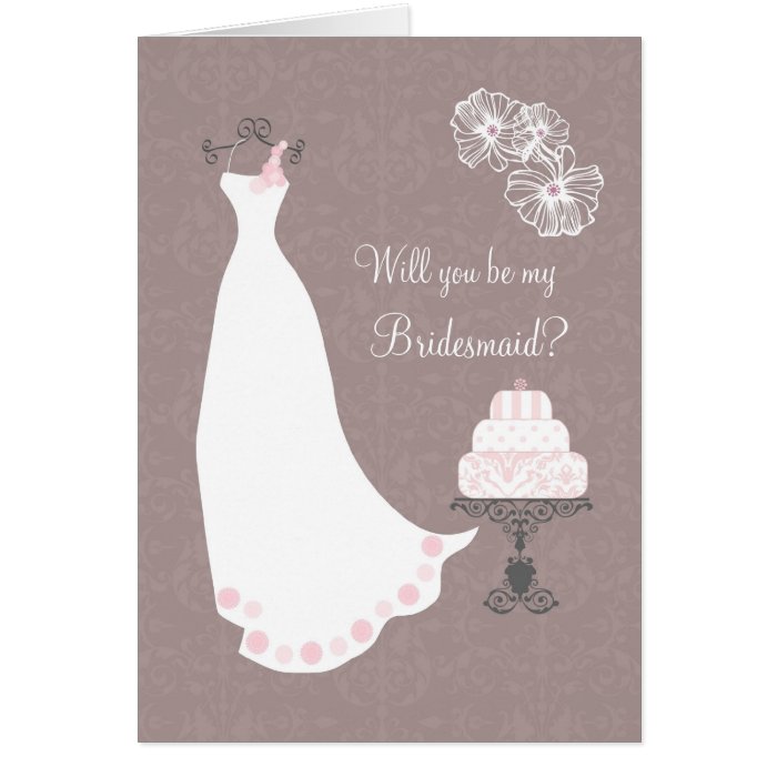 White Wedding dress and cake Bridesmaid Request Card