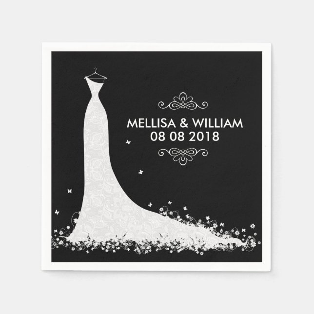 White Wedding Dress & Black Background Paper Napkins (Front)