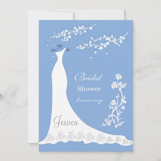 White wedding dress, blossom on blue Bridal Shower Invitation (Front)
