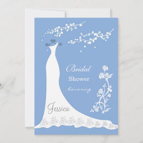 White wedding dress blossom on blue Bridal Shower Invitation