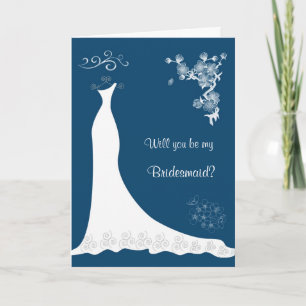 White Wedding dress, blossom on blue Bridesmaid Invitation