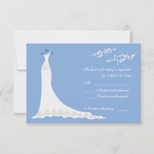 White wedding dress, blossom on blue RSVP