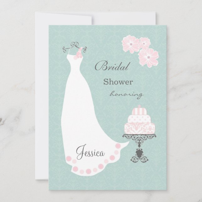 White wedding dress, cake on aqua  Bridal Shower Invitation (Front)