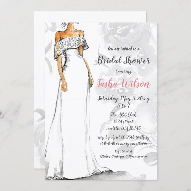 White Wedding Dress Elegant Bridal Shower Invitation (Front/Back)