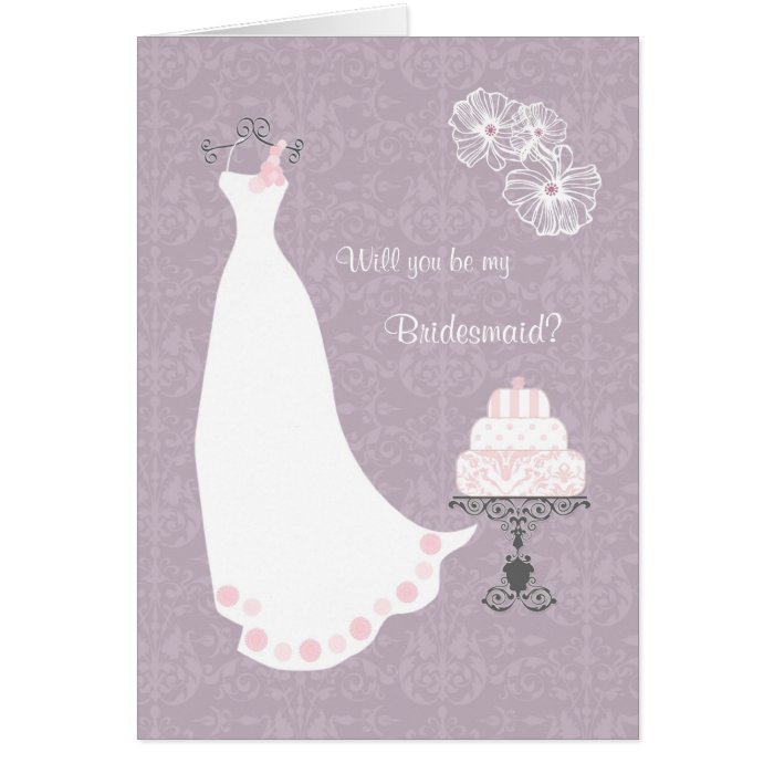 White Wedding dress on light purple  Bridesmaid Greeting Cards