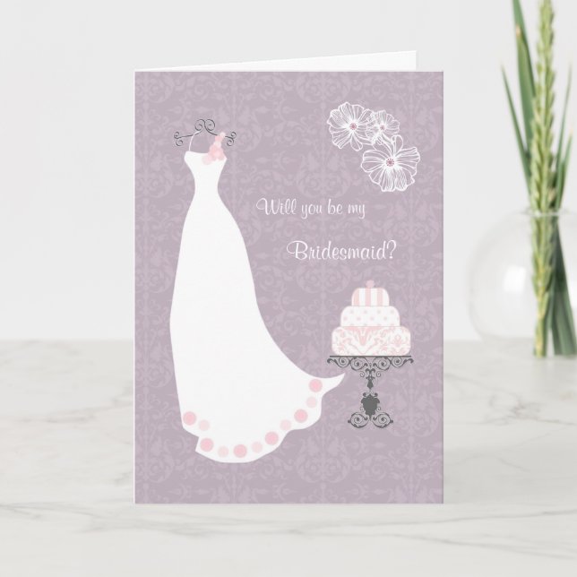 White Wedding dress on light purple  Bridesmaid Invitation (Front)
