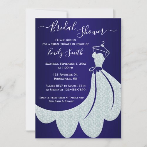 White Wedding Dress on Navy Blue Bridal Shower Invitation