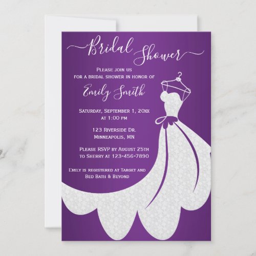 White Wedding Dress on Purple Bridal Shower Invitation