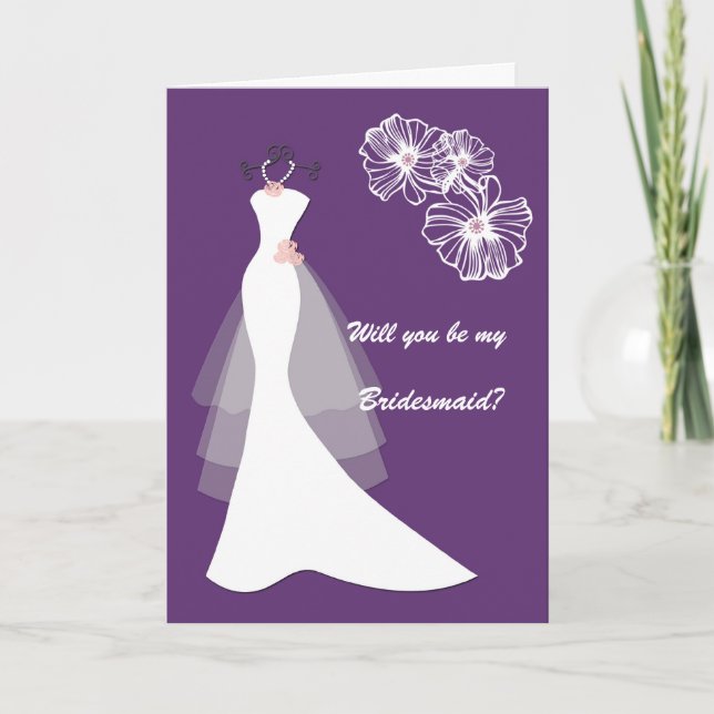 White Wedding dress on purple Bridesmaid Request Invitation (Front)