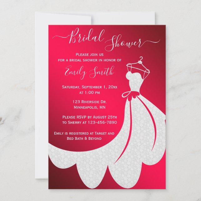 White Wedding Dress on Red Bridal Shower Invitation (Front)