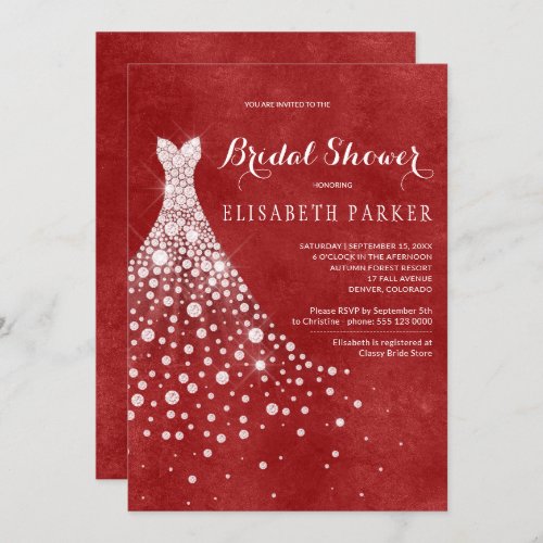 White Wedding Dress Red Burgundy Bridal Shower Invitation