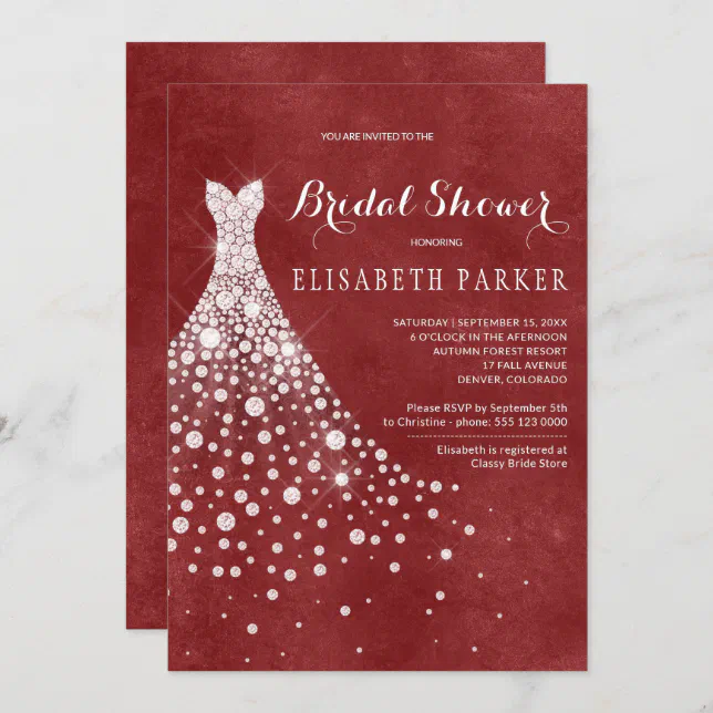 White Wedding Dress Red Burgundy Bridal Shower Invitation | Zazzle