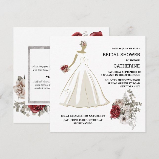 White wedding dress red rose floral flower chic invitation (Front/Back)