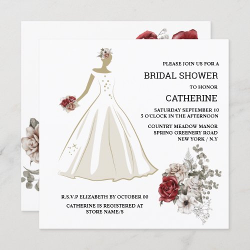 White wedding dress red rose floral flower chic invitation