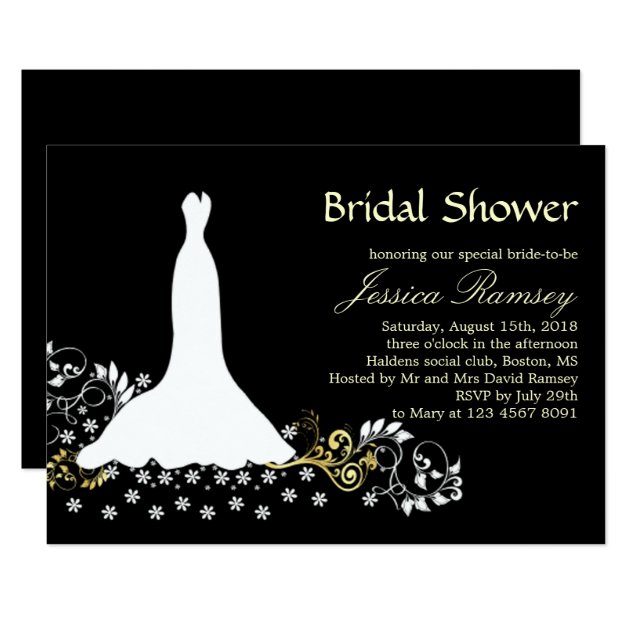 White Wedding Dress, Swirls On Black Bridal Shower Invitation