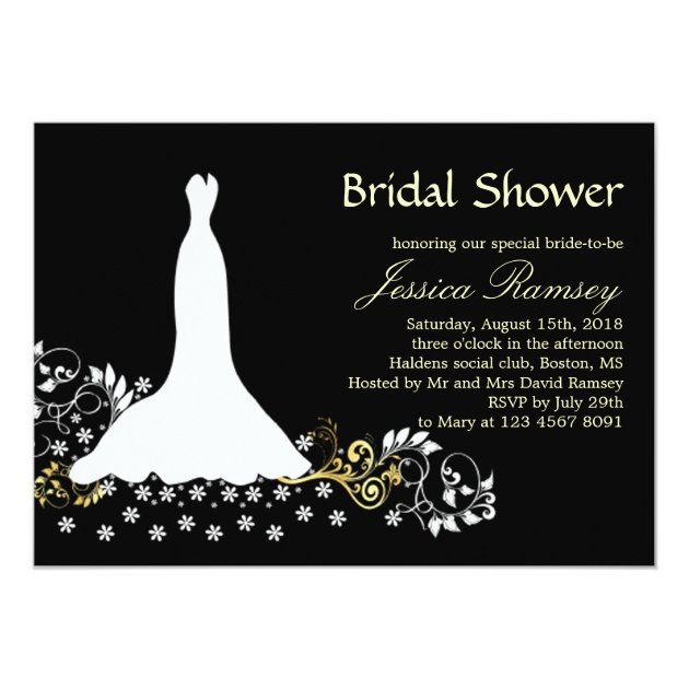 White Wedding Dress, Swirls On Black Bridal Shower Invitation