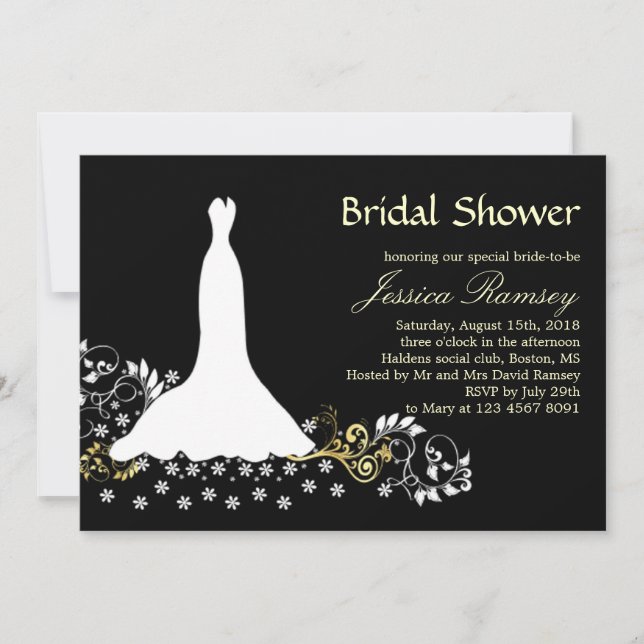 White wedding dress, swirls on black Bridal Shower Invitation (Front)