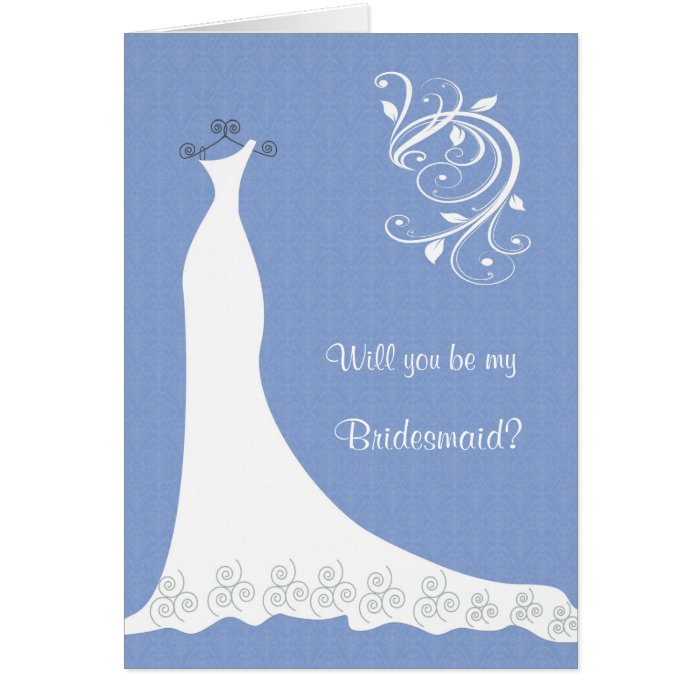 White Wedding dress, swirls on blue Bridesmaid Greeting Cards
