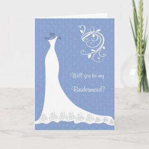 White Wedding dress, swirls on blue Bridesmaid Invitation