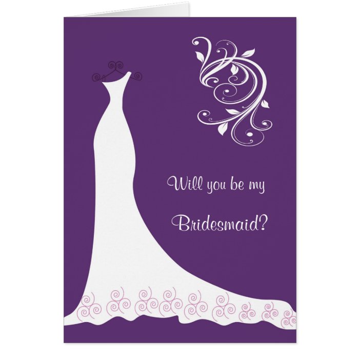 White Wedding dress, swirls on purple Bridesmaid Greeting Cards