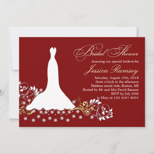 White wedding dress, swirls on red Bridal Shower Custom Invite