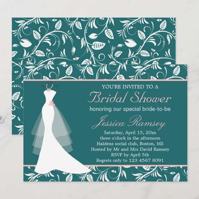 White wedding dress, teal Bridal Shower Invitation
